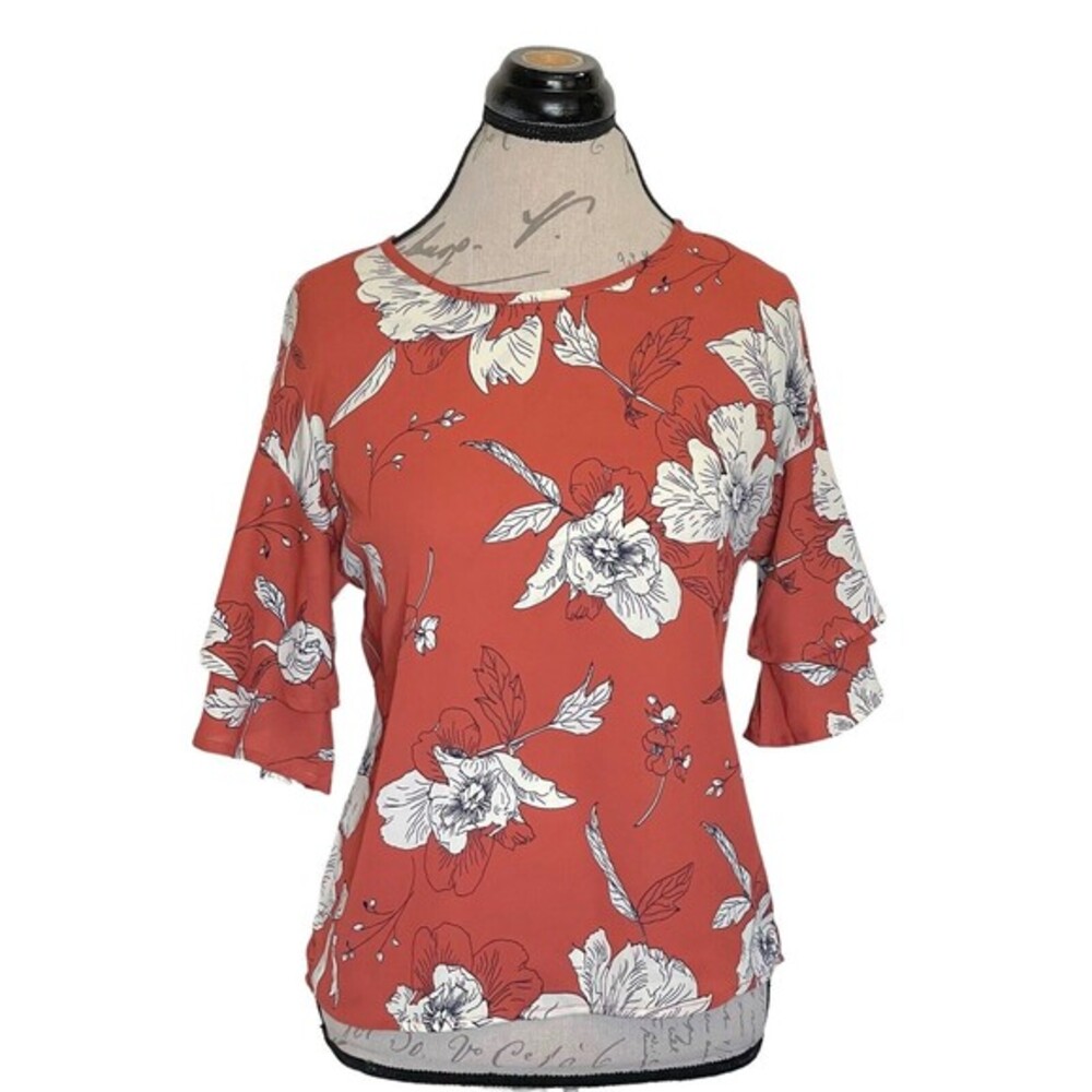 Sienna Sky Womens Blouse Size XS Floral Print Tiered Ruffle Sleeve Button Flawed